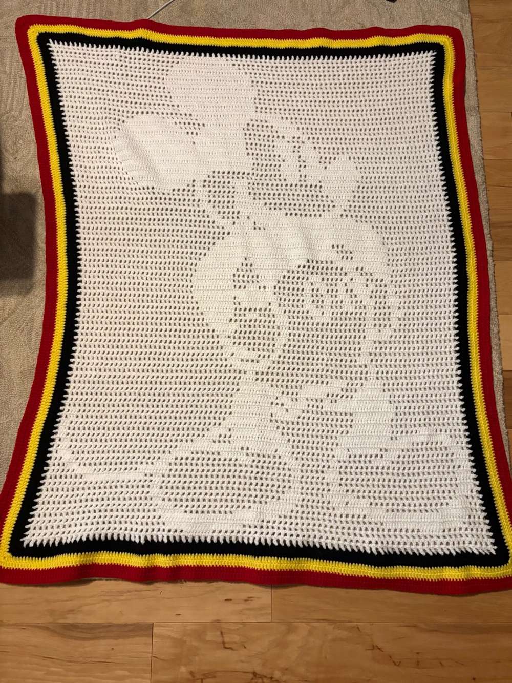 Vintage Handmade Disney Mickey Mouse Filet Crochet Afghan Blanket 52” x 42”